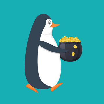 Funny penguin, Antarctic bird, with pot filled with gold coins.
