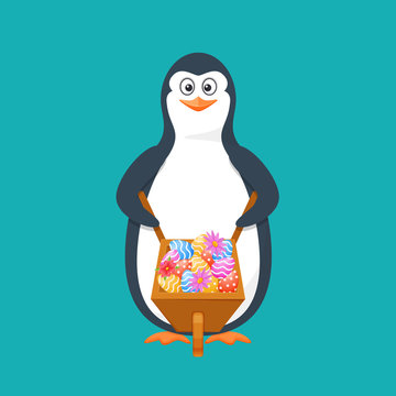 Funny penguin, Antarctic bird, with cart, filled easter eggs, flowers.