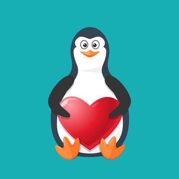 Funny penguin, Antarctic bird, with large heart and smile.