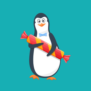Funny penguin, Antarctic bird, with large gift candy and smile.