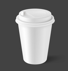 Realistic blank mock up paper cup with plastic lid. Coffee to go, take out mug. Vector illustration isolated and can be use for any backgrounds. EPS10.