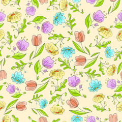 Seamless colorful floral pattern with flower and leaves. Hand