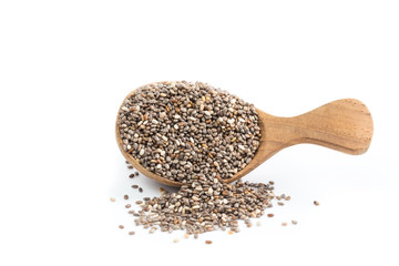 chia seeds in wooden spoon Isolated on white background