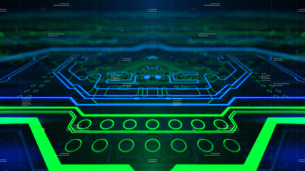 Green Printed Circuit Board pcb. Background for computer graphic website internet and business. Blue abstract digital backdrop 3d illustration Technology.