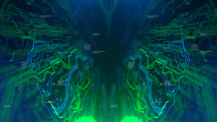 Kaleidoscope Bluish green. Micro chipset Green and Blue Microchip backdrop. Abstract background. Digital technology. PCB. Microchip link. 3d illustration. 