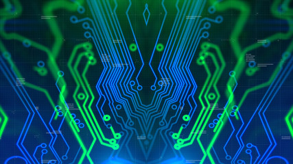 Kaleidoscope Bluish green. Micro chipset Green and Blue Microchip backdrop. Abstract background. Digital technology. PCB. Microchip link. 3d illustration. 