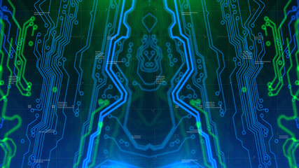Kaleidoscope Bluish green. Micro chipset Green and Blue Microchip backdrop. Abstract background. Digital technology. PCB. Microchip link. 3d illustration. 