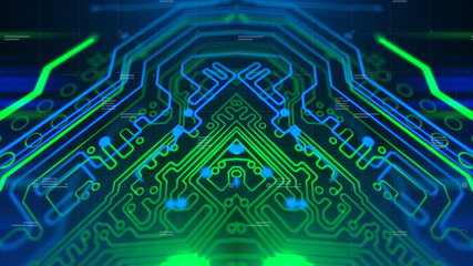 Mirror Symmetry. Green, blue neon background with digital integrated network technology. Printed circuit board. 3D illustration. 