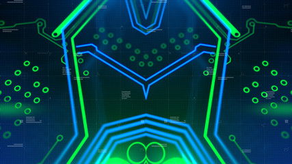 Mirror Symmetry. Green, blue neon background with digital integrated network technology. Printed circuit board. 3D illustration. 