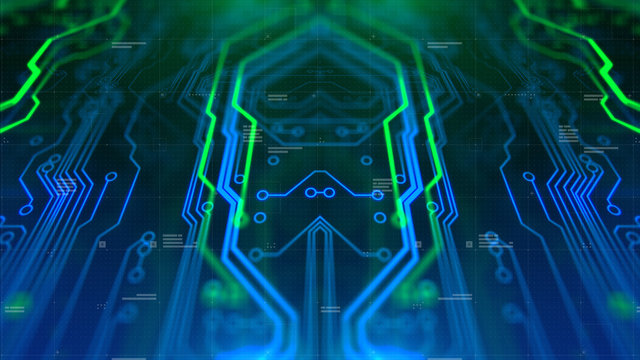 Kaleidoscope Bluish green. Micro chipset Green and Blue Microchip backdrop. Abstract background. Digital technology. PCB. Microchip link. 3d illustration. 