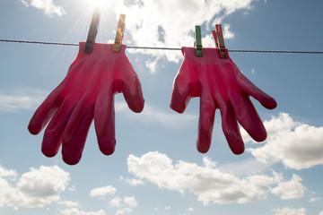 Clean pink rubber household gloves dry on a clothesline against a blue sky with clouds