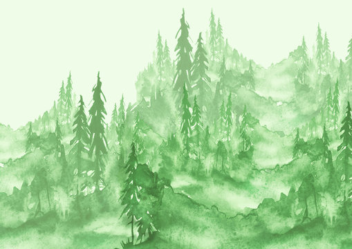 Watercolor painting, picture, landscape - green forest, nature, tree. It can be used as logo, card, illustration. © helgafo