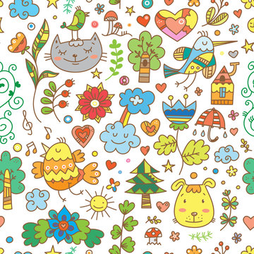 Seamless pattern with cute cartoon cats, dogs and birds on white  background. Flowers and plants of  spring time. Vector contour doodle style image. 