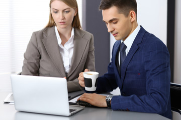 Fototapeta premium Business people using laptop pc while discussing project in office