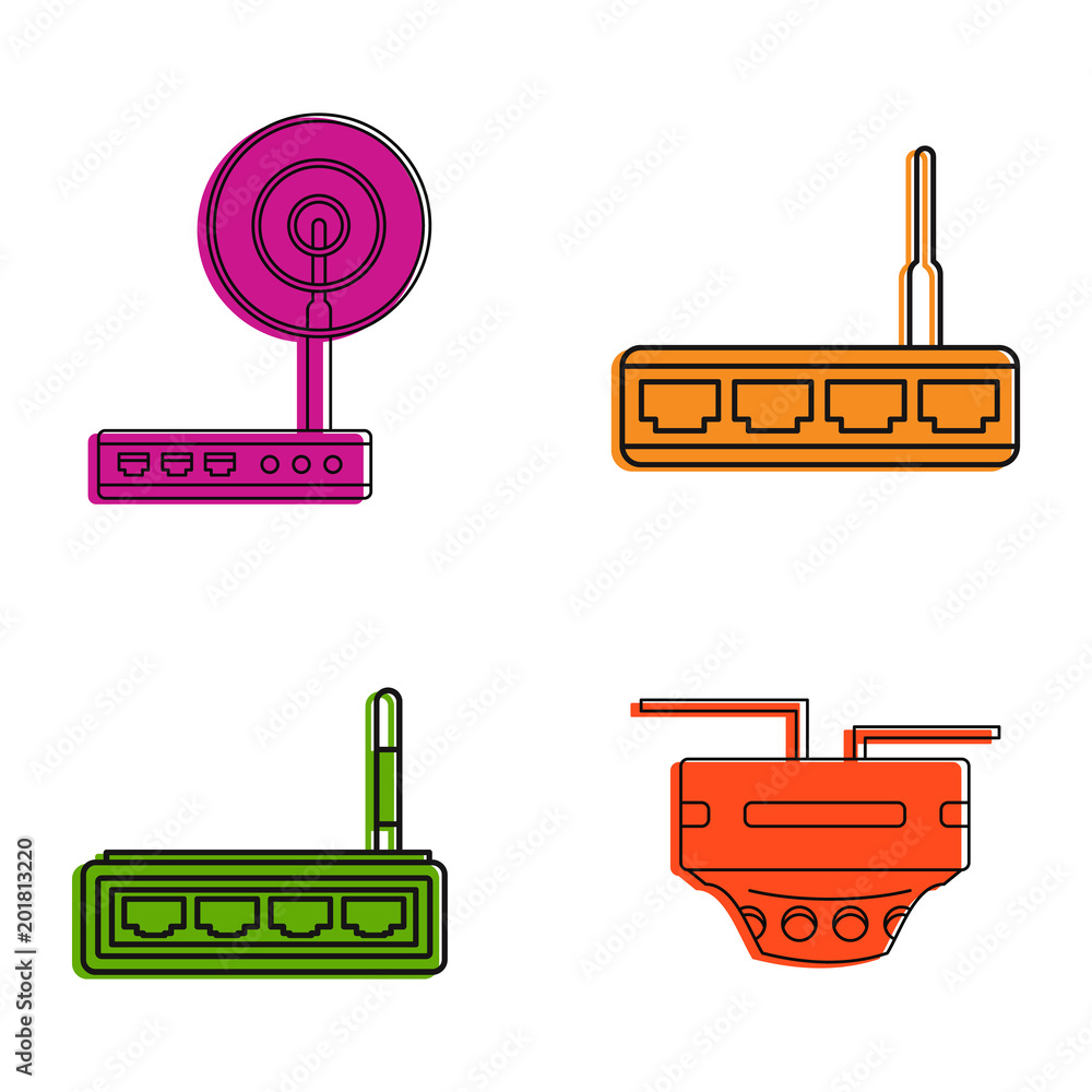 Poster router icon set. color outline set of router vector icons for web design isolated on white backgroun