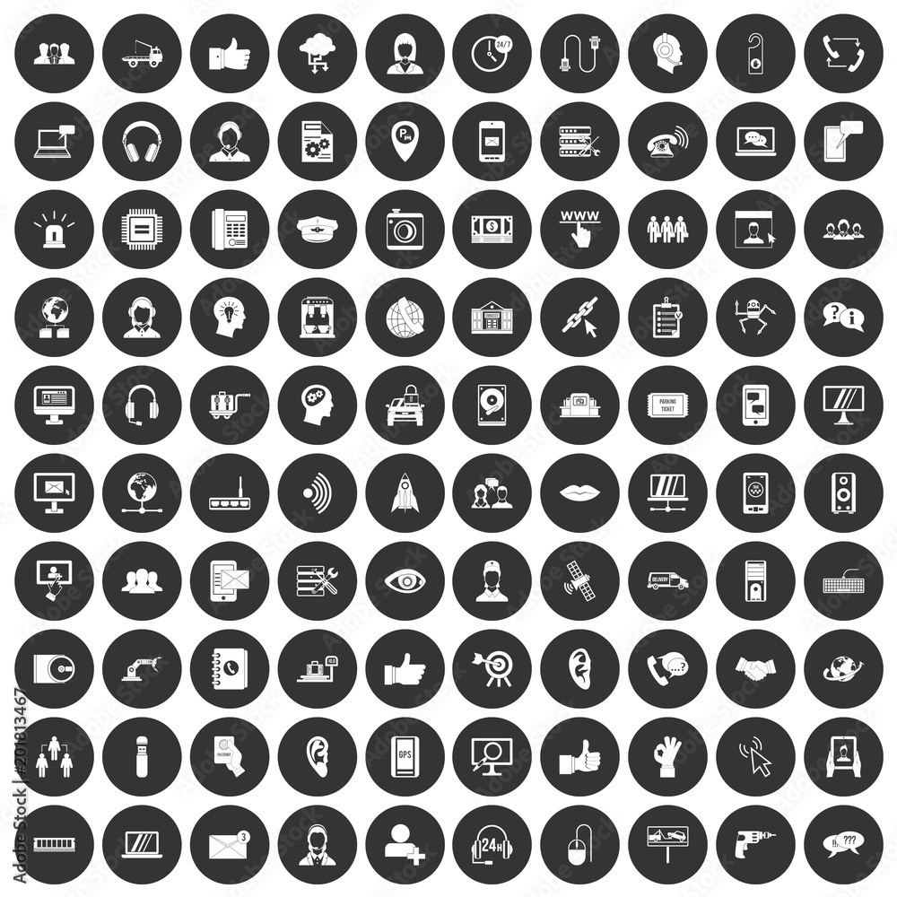 Poster 100 call center icons set in simple style white on black circle color isolated on white background v