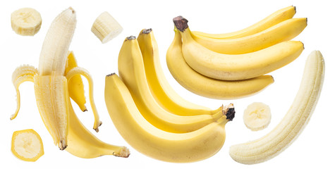 Bananas and banana slices on the white background.