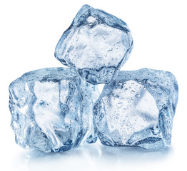 Three ice cubes with water drops. Clipping path.