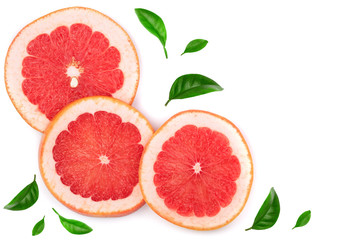 Grapefruit slices with leaves isolated on white background with copy space for your text. Top view. Flat lay pattern
