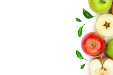 red and green apples decorated with leaves isolated on white background with copy space for your text, top view