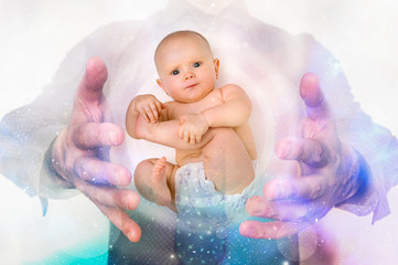 Man with baby between his hands - clone concept