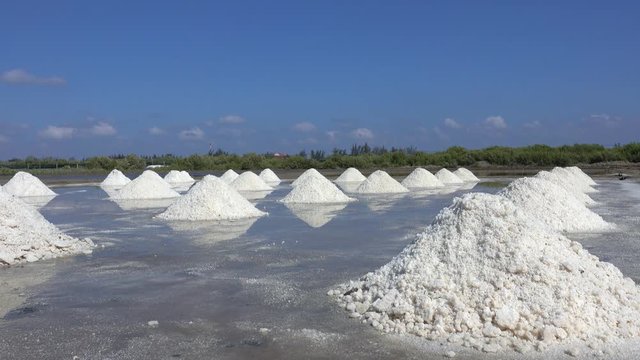 White salt field in sunny day. Royalty high quality free stock footage of white salt field in a beach village. Salt is an important food of people