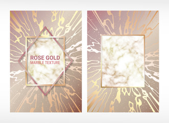 Vector. Detailed texture of marble. Background of rose gold. Wedding card. Grainy surface. The effect of a flowing liquid. Gold geometric frame. Cover design. Template for invitations, brochures.