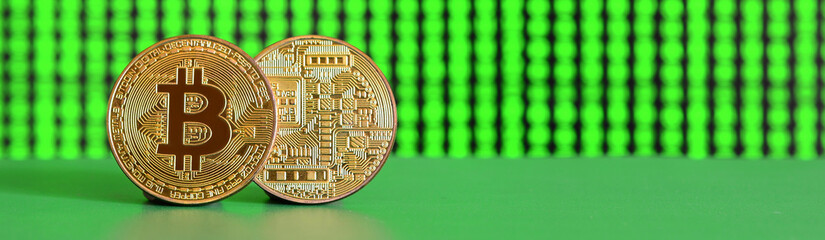 Two gold bitcoins lie on the green surface on the background of the display, which shows the...