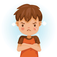 children angry Angry child. The boy in a red shirt is expressing anger. Excitement and frown. Cartoon characters, vector illustrations, isolated 