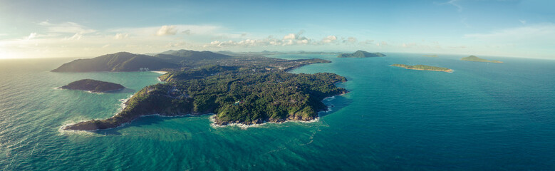Panorama Top View Tropical Island , Aerial view of Promthep Cape Phuket, Thailand.