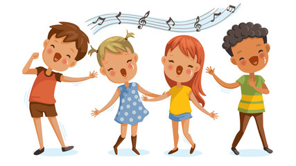 Children singing. boys and girls singing together happily. cute cartoon Enjoy the rhythm. Have fun in childhood.Cute Cartoon Character Personality. Vector illustrations Isolated on white background.