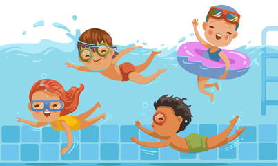 Children swimming Boys,girls in swimwear are  children's pool.Underwater view and on water.kids are having fun.Vacation in summer vacation Share with friends.Sports swimming in childhood water. 
