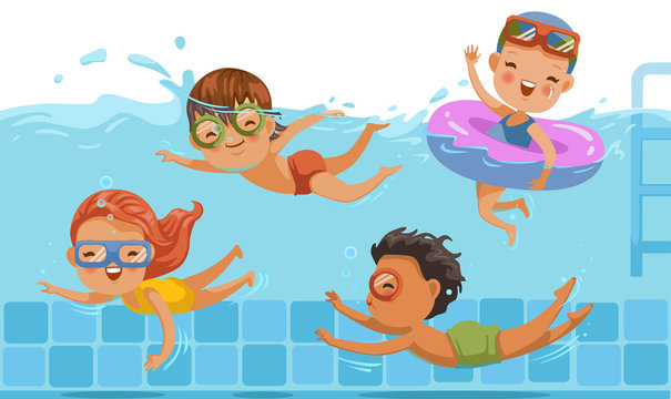Children swimming Boys,girls in swimwear are  children's pool.Underwater view and on water.kids are having fun.Vacation in summer vacation Share with friends.Sports swimming in childhood water. 