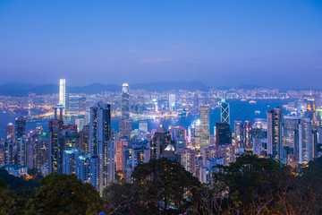 View cityscape at night of Victoria Harbour from The Peak, Hong Kong