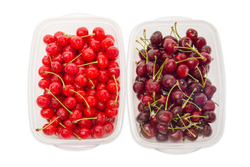Top view of two varieties of cherries in different containers