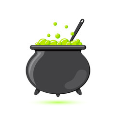 Fototapeta premium Colored flat icon, vector design with shadow. Cartoon witches cauldron with potion, bubbles and spoon for illustration of magic, witchcraft, boiling potions. Symbol of Halloween