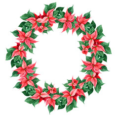 Poinsettia Christmas and New Year leaves round frame decoration. Celebration design element. Hand painted watercolour in bright vivid red and green colours. Winter blossom plant.