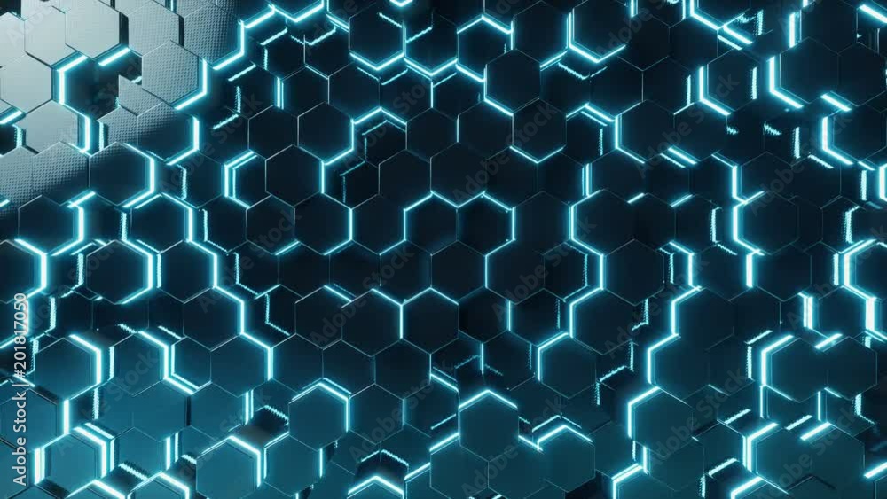 Poster abstract red of futuristic surface hexagon pattern with light rays. 3d rendering 4k animation