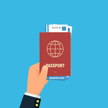 Close-up businessman hand holding passport and air boarding tickets. Travel and business trips concept. Vector illustration in flat style.