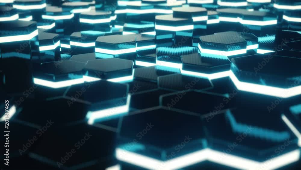 Poster abstract red of futuristic surface hexagon pattern with light rays. 3d rendering 4k animation
