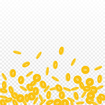 Russian ruble coins falling. Scattered small RUB coins on transparent background. Neat scatter bottom gradient vector illustration. Jackpot or success concept.