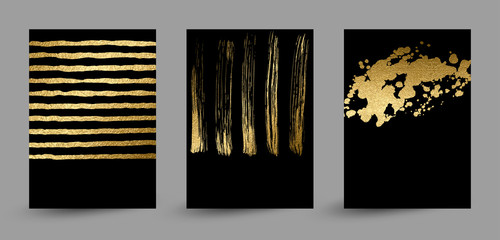 set of banners with gold texture abstract decoration formed by blots on the black background. - 201817648