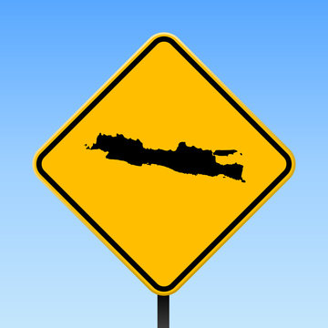 Java map on road sign. Square poster with Java island map on yellow rhomb road sign. Vector illustration.