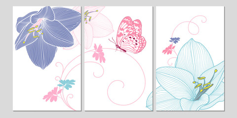 A set of three beautiful backgrounds with butterfly and flower amaryllis for printing for decorating the walls of a cafe, restaurant, living room, kitchen, bedroom.
