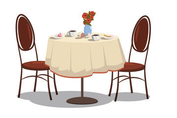 Modern restaurant table with tablecloth, coffe mugs, flowers, and two chairs. Bright colored cartoon vector illustration.