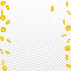 Bitcoin, internet currency coins falling. Scattered sparse BTC coins on transparent background. Brilliant messy border vector illustration. Jackpot or success concept.