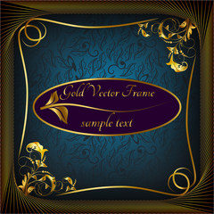 Gold photo frame with corner  line floral for picture.  Vintage style decorative border, isolated on black background