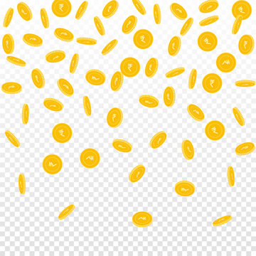Indian rupee coins falling. Scattered sparse INR coins on transparent background. Fine top gradient vector illustration. Jackpot or success concept.