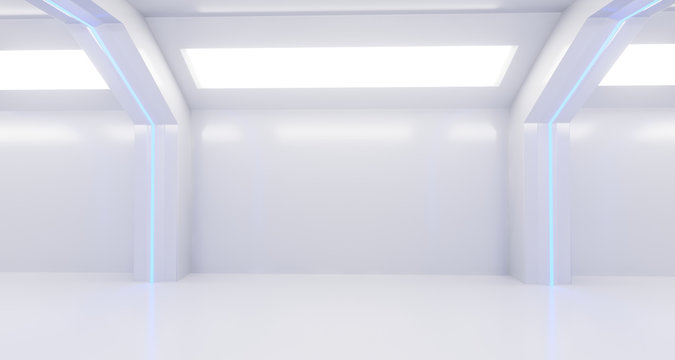 3d rendering of realistic white sci fi corridor with lights