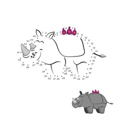 Dot to dot game. Educational number puzzle for kids. Animals of zoo. Rhinoceros in cartoon style. Isolated cute character